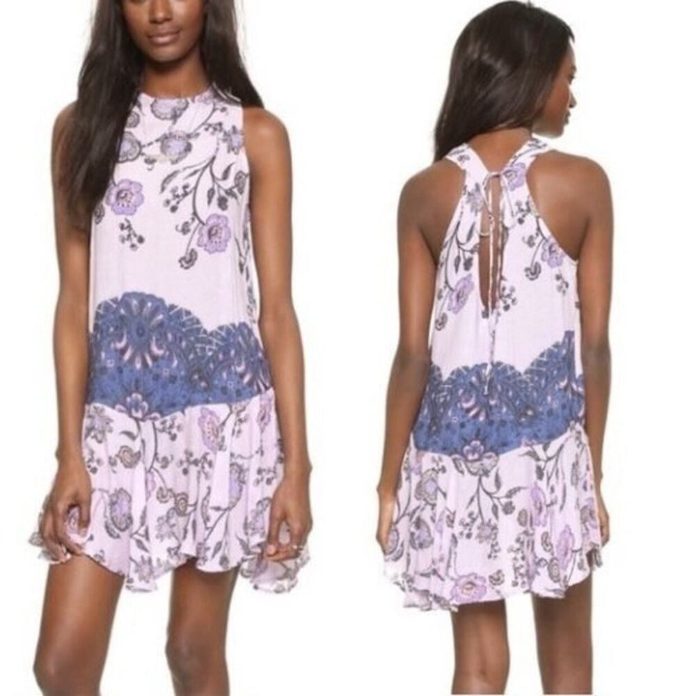 Free People Lavender Floral Mini Dress with Blue Waist Panel